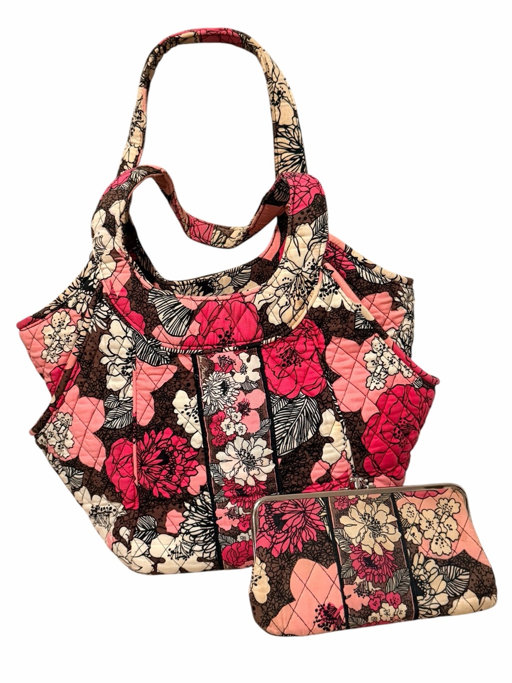 Vera Bradley Pink Multi Quilted Floral Shoulder Tote with Matching Wallet